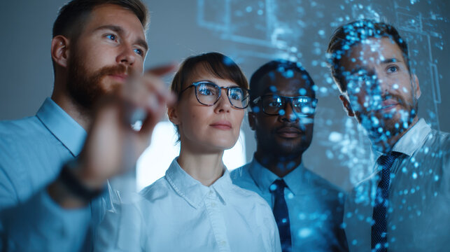 Innovative team analyzing data visualization on digital screen, showcasing collaboration and technology in modern office environment. Their focused expressions reflect determination and teamwork