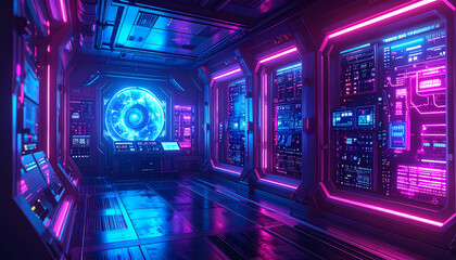 Fototapeta premium Futuristic Interior: A vivid image of a sleek, neon-lit spaceship corridor showcasing advanced technology, captivating with its immersive and stylish design.