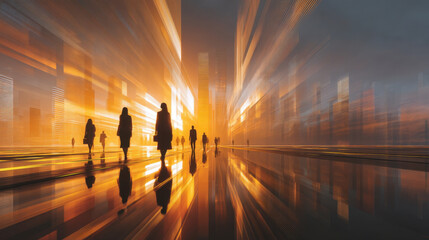 Vibrant cityscape sunset, featuring silhouettes of people walking through futuristic urban environment. scene is filled with warm orange and yellow hues reflecting off glass buildings