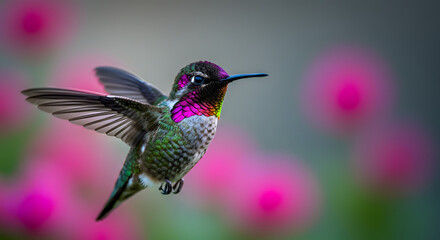 Fototapeta premium Majestic male Anna's Hummingbird displaying its iridescent magenta plumage while hovering gracefully in a vibrant floral garden.