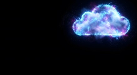 Fototapeta premium An abstract digital cloud made of glowing blue and purple particles on a black background with copy space, representing cloud computing, data storage, and technology.