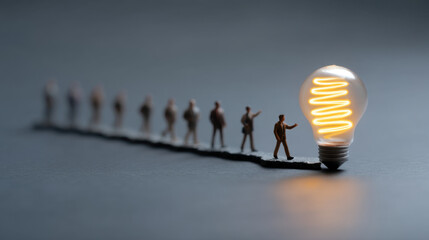 Miniature figures walking towards glowing light bulb symbolize innovation and ideas. This creative representation highlights journey of inspiration and pursuit of knowledge