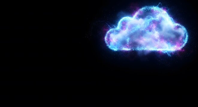 An abstract digital cloud made of glowing blue and purple particles on a black background with copy space, representing cloud computing, data storage, and technology.