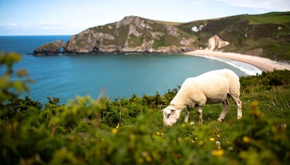 Sheep grazing on a hillside overlooking a beach