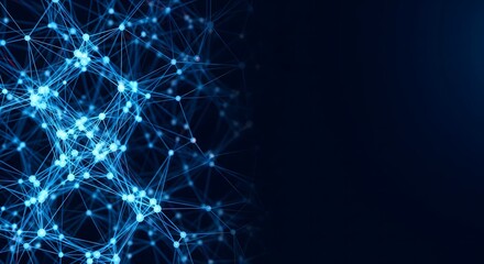 An abstract plexus network of glowing blue nodes on a dark blue background, representing technology, data connections, and communication