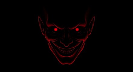 creepy smiling face sinister glowing red dark background