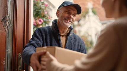 Medium shot featuring a courier handing over a parcel to a customer at doorstep sharply focused on the transaction background subtly blurred.