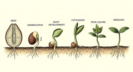 watering young plant seedling seed to growth stages scientific illustration