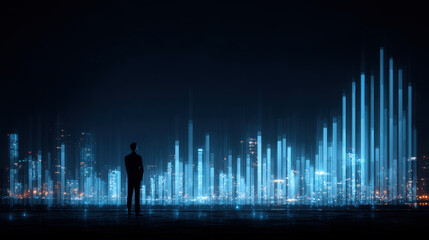 Person stands silhouette against futuristic city skyline, surrounded by glowing blue data visualizations and bar graphs. scene conveys sense of innovation and technology, highlighting intersection