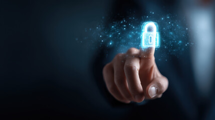 Person touching digital lock icon, symbolizing security and protection modern, technological environment. glowing lock represents cybersecurity and data safety, evoking sense of trust