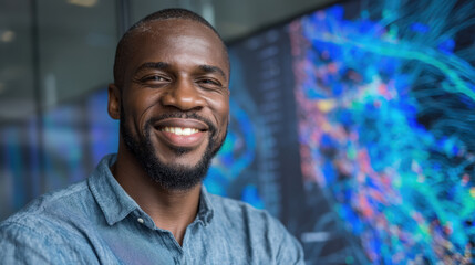 Smiling man in casual shirt stands confidently in front of colorful digital display, showcasing data visualization. atmosphere is modern and professional, reflecting innovation and technology