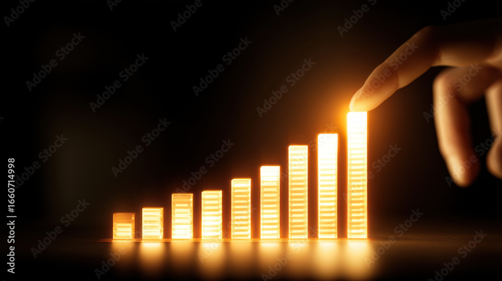 Wall mural hand points glowing bar graph representing growth and progress, with each bar illuminated warm light