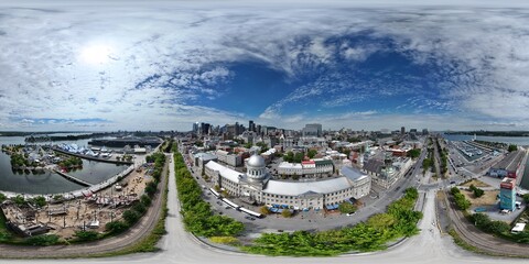 360 aerial photo taken with drone of Bonsecours Market in Montreal, Quebec, Canada