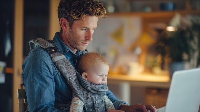 Focused image of a young father with his baby secured in a hip carrier concentrating on screen activity depicting balance of childcare and digital work.