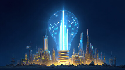 Futuristic cityscape illuminated by glowing light bulb symbolizing innovation and technology, with skyscrapers and digital graphs representing growth and progress