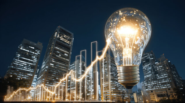 Innovative light bulb illuminating city skyline night, symbolizing growth and progress business and technology. glowing bulb represents ideas and inspiration, while rising graph signifies success