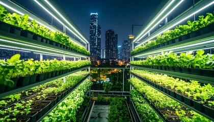 Naklejka premium Vertical farm at night with city lights