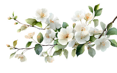 Fototapeta premium Watercolor white flowers and green leaves on a branch, simple vector PNG clipart isolated on a transparent background 