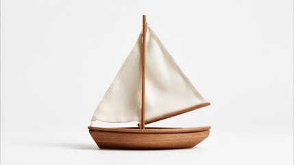 Obraz premium Detailed Close Up Of A Small Wooden Sailboat Model On A White Background A Miniature Nautical Craft With White Sail, Representing Summer Vacation And