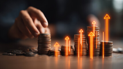 Investing in coins shows growth with stacks of coins increasing in height, symbolizing financial success and prosperity. upward arrows represent positive trends in wealth accumulation