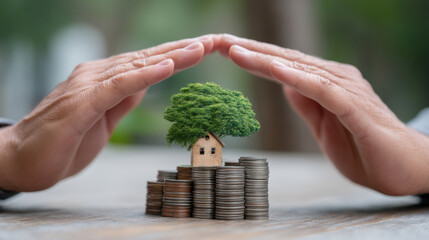 Pair of hands gently protect small wooden house with lush green tree top, symbolizing concept of safeguarding investments. Stacks of coins surround house, representing financial growth