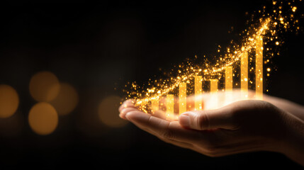 Hand holds glowing bar graph, symbolizing growth and success. graph is made of sparkling golden light against dark background, evoking sense of achievement and prosperity