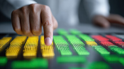Hand interacts with digital interface displaying colorful data visualizations, including green, yellow, and red indicators. This conveys sense of technology and data analysis