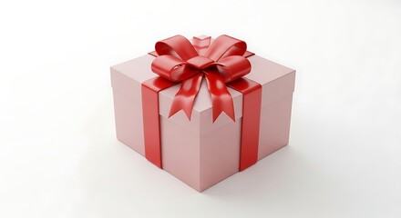 A beautiful pink gift box with a big red ribbon and a bow on top presents an attractive surprise occasion