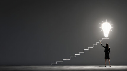 Person in business suit stands on staircase leading to glowing light bulb, symbolizing ideas and innovation. scene conveys motivation and pursuit of success