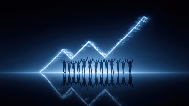 Silhouettes of people celebrating success with glowing upward trend graph in background, symbolizing growth and achievement in business or finance