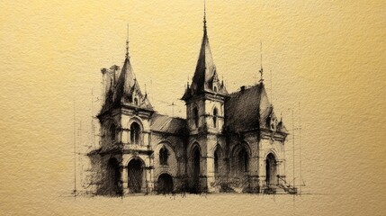 Obraz premium Architectural sketch of an old house with towering spires, against a tan background