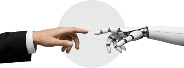 Human hand in suit touching robotic hand with textured circle isolate collage art transparent background
