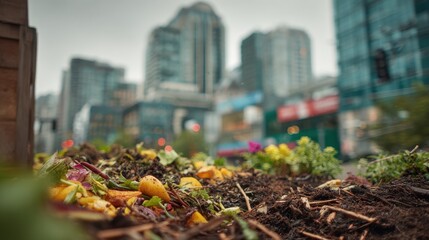 Focused medium shot of composting activity in an urban garden corner with blurred highrise windows and street scenes enhancing the sense of green city initiatives.
