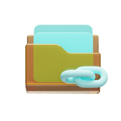 A stylized 3D icon depicting a translucent folder with light blue files and a link chain symbol.