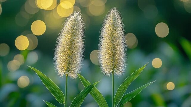 Two delicate, light beige flower plumes, atop tall green stalks, stand out against a blurred background of out-of-focus greenery and golden bokeh