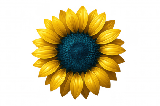 Beautiful sunflower with bright yellow petals and a deep teal center, isolated on a transparent background