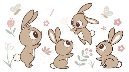 Adorable Cartoon Rabbits in a Floral Garden Setting.