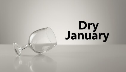 Empty wine glass on its side with text "Dry January" promoting alcohol-free lifestyle