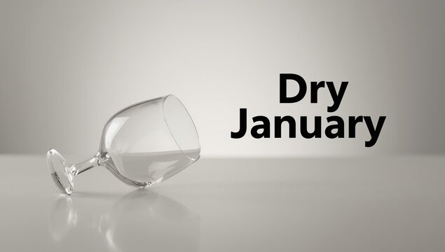 Empty wine glass on its side with text "Dry January" promoting alcohol-free lifestyle - Powered by Adobe