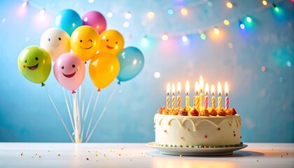 Festive Birthday Still Life - Glowing Cake with Candles and a Colorful Bouquet of Smiley Balloons.