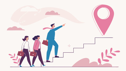 Business Team Climbing Stairs Towards Success Reaching a Pink Destination Point.