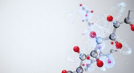 A complex 3D molecular structure with red and blue atoms and swirling particles on a white background with copy space, symbolizing chemistry, medical research, and science.
