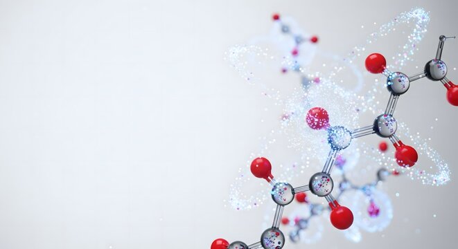 A complex 3D molecular structure with red and blue atoms and swirling particles on a white background with copy space, symbolizing chemistry, medical research, and science.