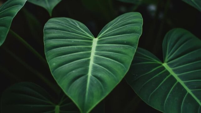 A close up of a large green leaf with prominent veins against a dark blurred background of foliage