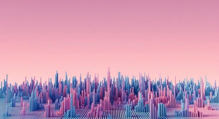 An abstract 3D landscape of pink and blue vertical bars of varying heights, creating a digital cityscape or data visualization on a pink background.