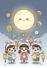 A cute cartoon illustration of children with bunny ears celebrating the Mid-Autumn Festival with lanterns and mooncakes under a smiling moon
