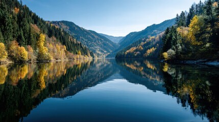 mountain lake reflection on white background