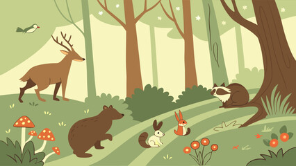 Cartoon Forest Scene with Deer Bear Raccoon Squirrel and Rabbit.