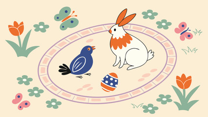 Cartoon Easter Scene with Rabbit Bird and Decorated Egg.