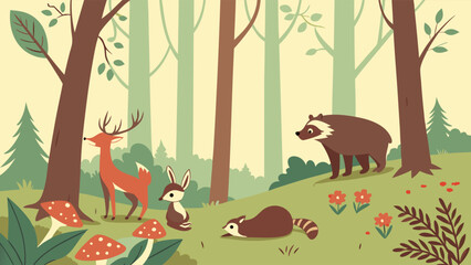 Cartoon Forest Scene with Deer Rabbit and Raccoons in a Woodland Setting.